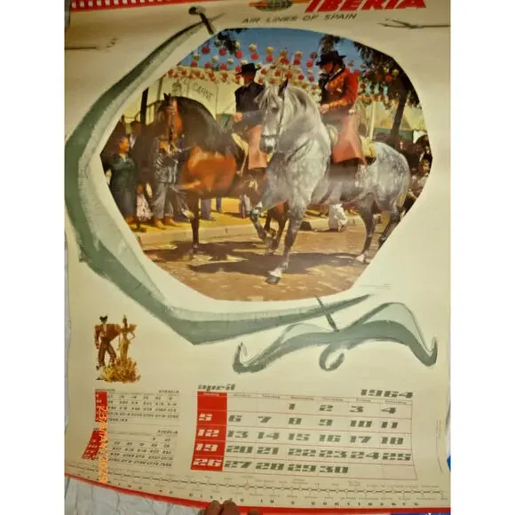1964 Iberia Airlines Calendar Travel Poster Pages – Lot of 6 Vintage Spain Airli